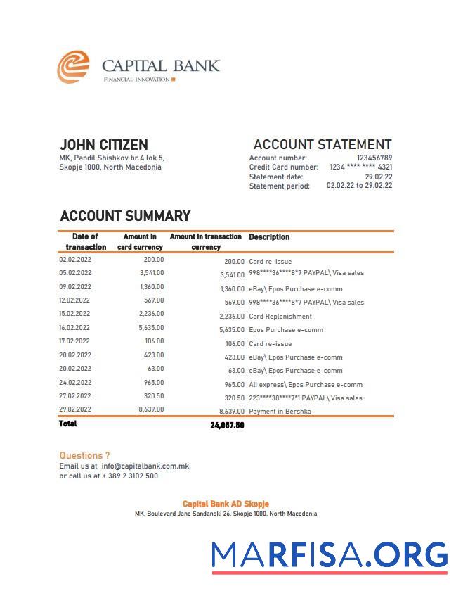 Printable North Macedonia Capital bank statement excel sample